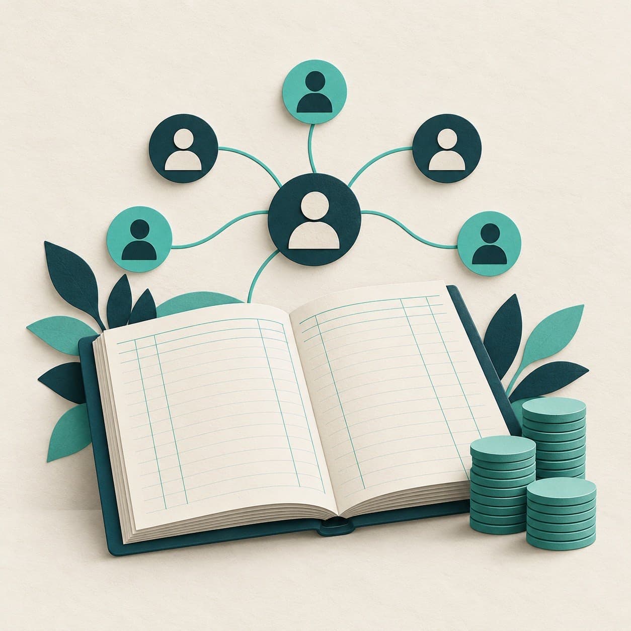 Accountancy ledger linked to client relationships and coin stacks, illustrating a practice valuation