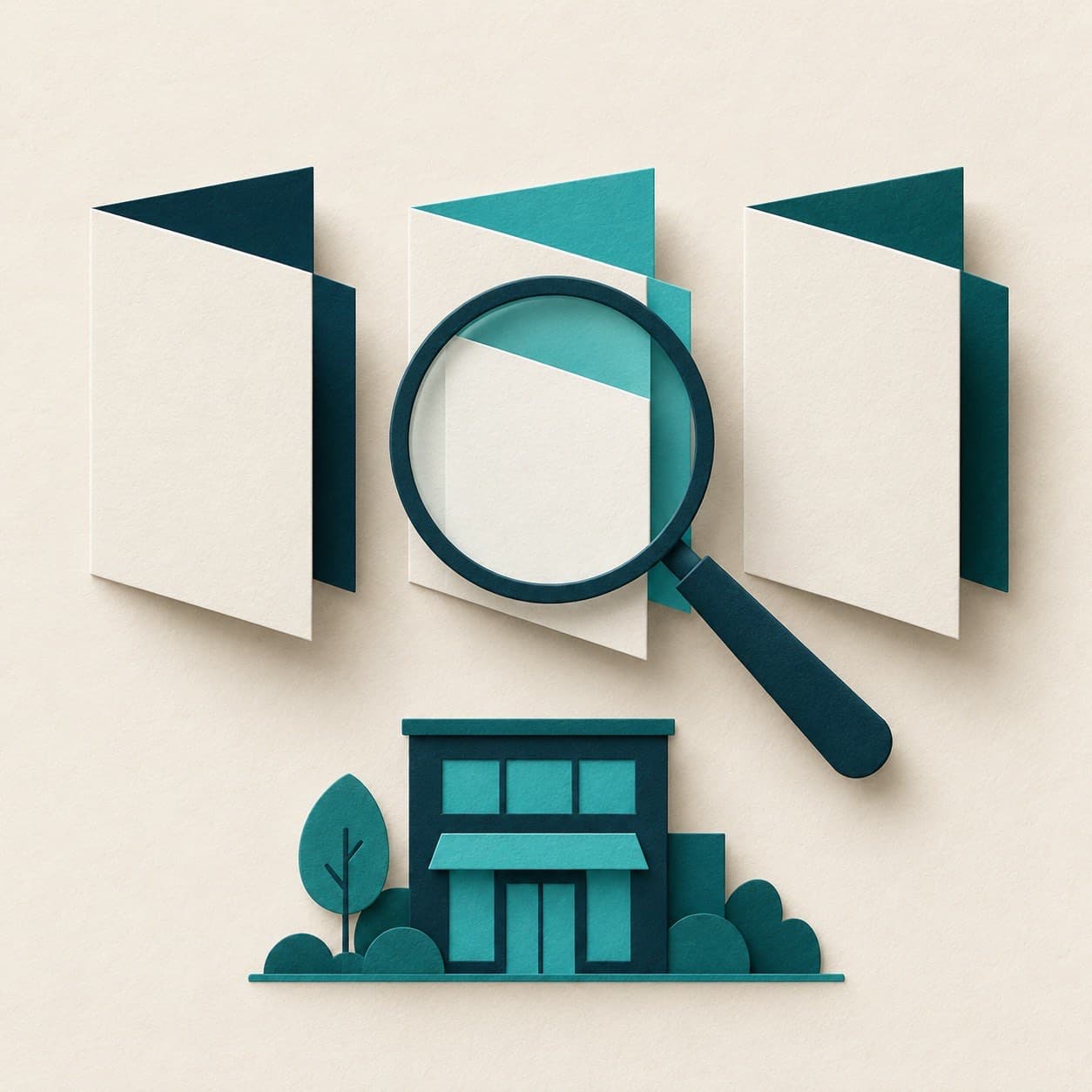 Three blank adviser proposals beside a magnifying glass, illustrating how to compare business brokers