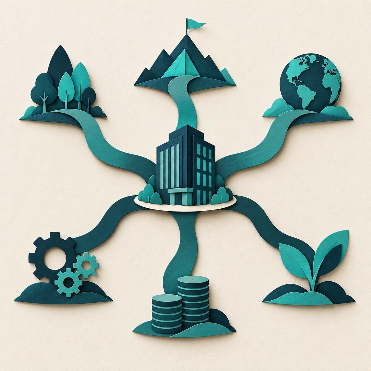 Business building with branching paths illustrating different business exit strategy options