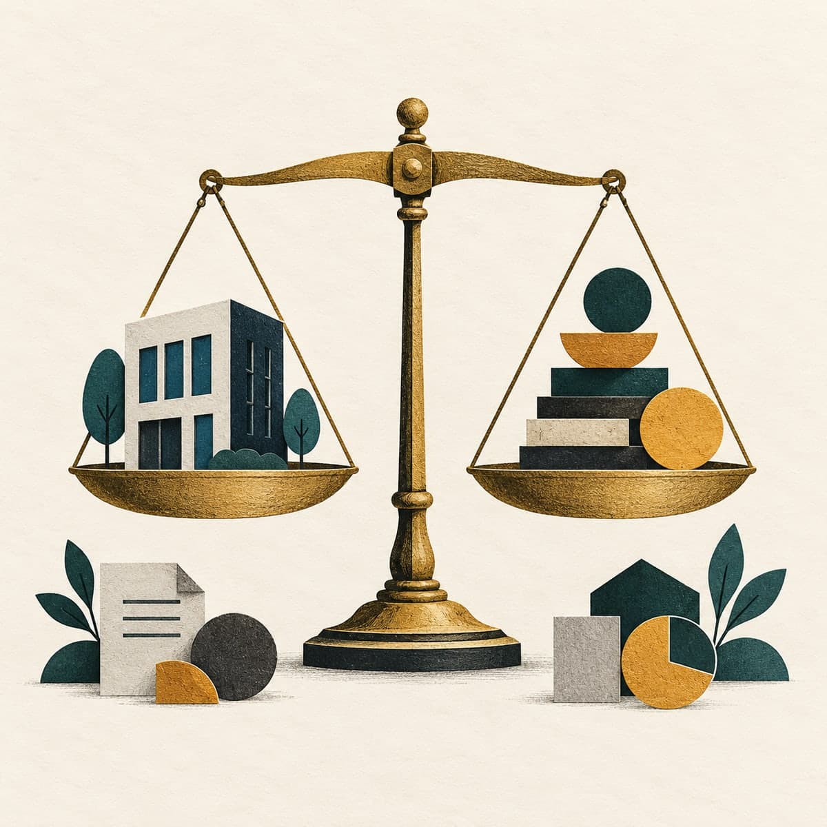 Paper-cut illustration of a business balanced against financial value on a set of scales