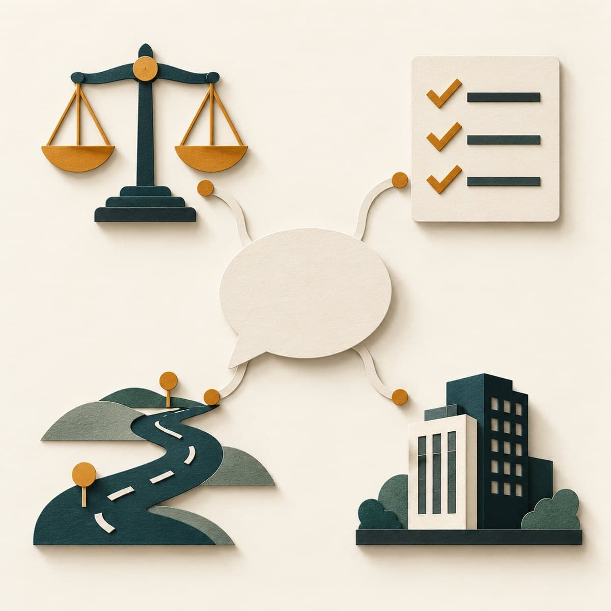 Paper-cut speech bubble connected to business valuation, readiness, planning and acquisition research symbols