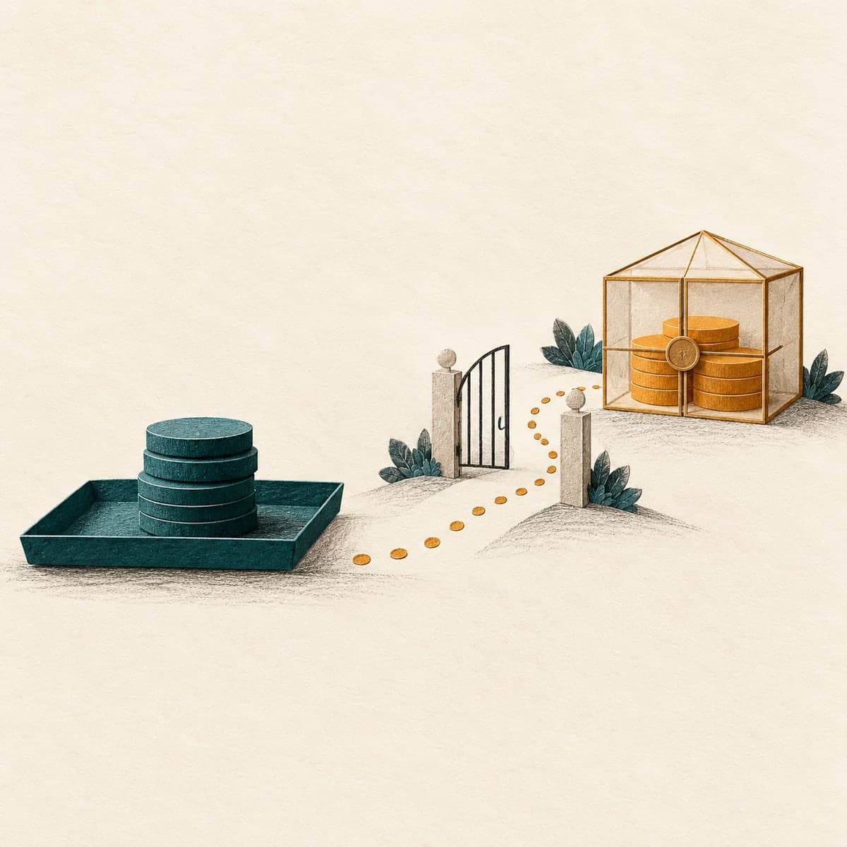 Paper-cut illustration comparing an immediate payment with a conditional future payment