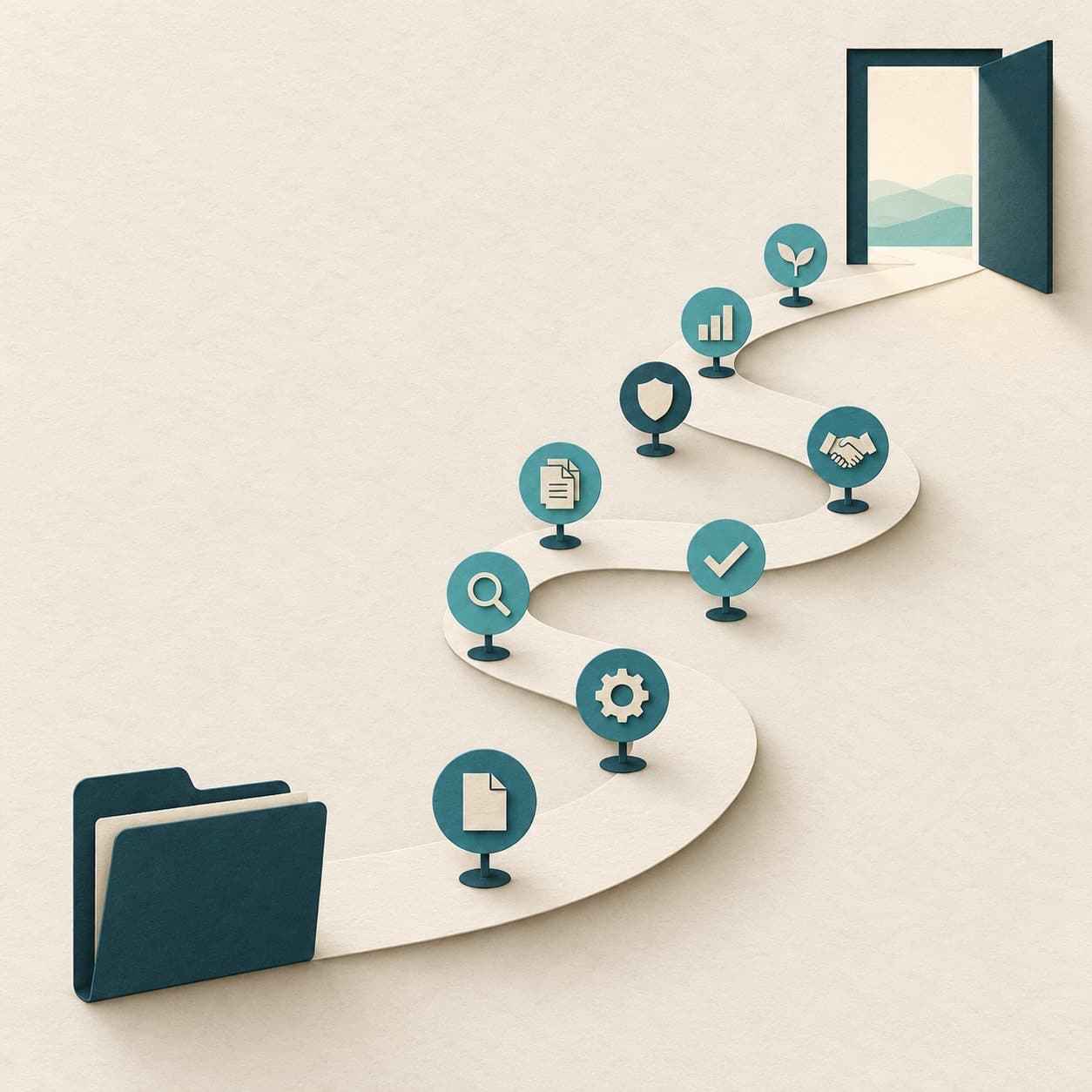 Paper-cut roadmap through business sale milestones towards an open doorway
