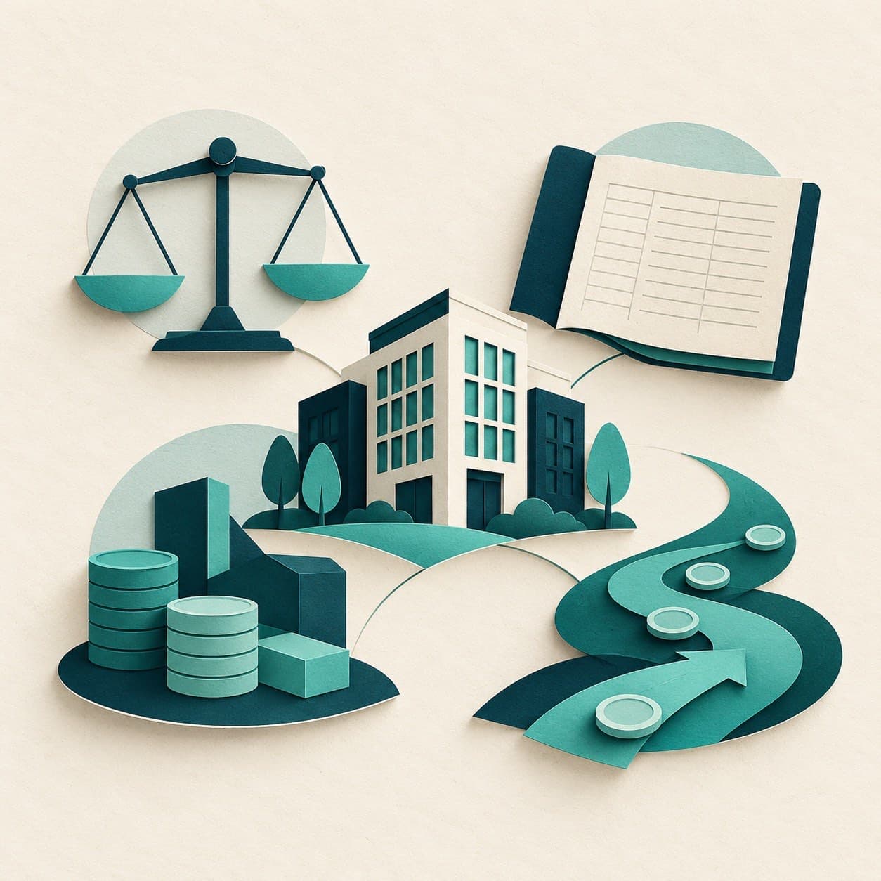 Paper-cut illustration of four business valuation methods using scales, a ledger, assets and cash-flow paths