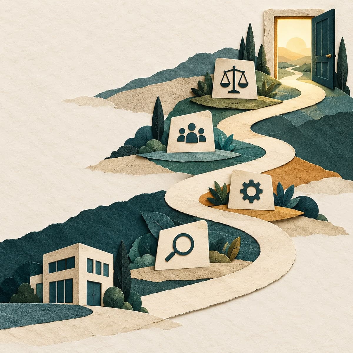 Paper-cut illustration of a winding path through preparation milestones toward an open doorway