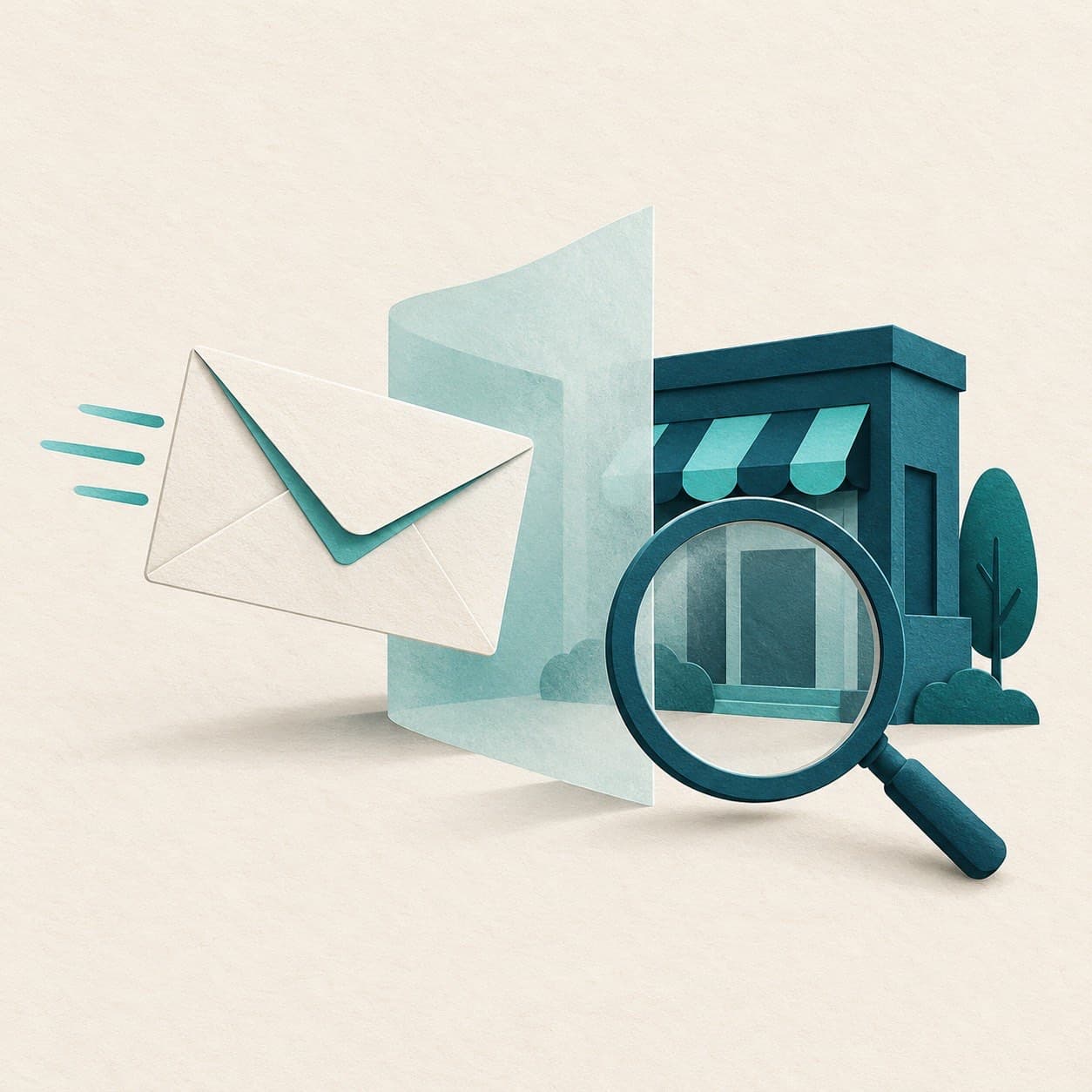 Incoming buyer envelope beside a business, protective screen and magnifying glass