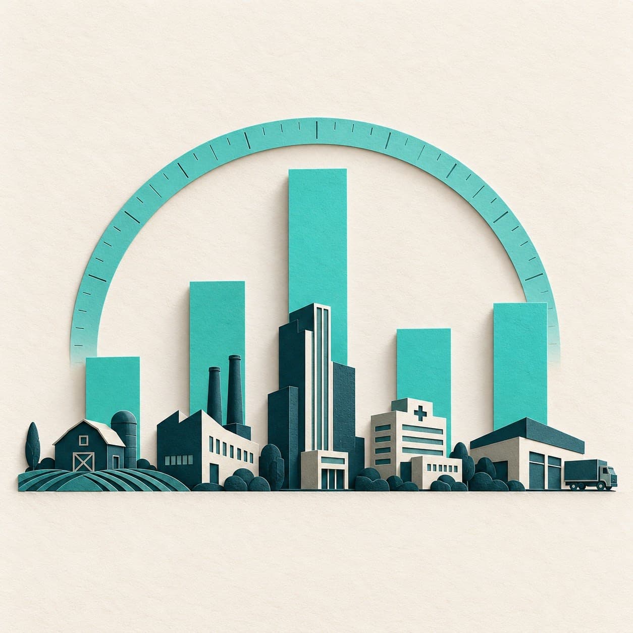 Different industry buildings beside valuation columns of varying heights