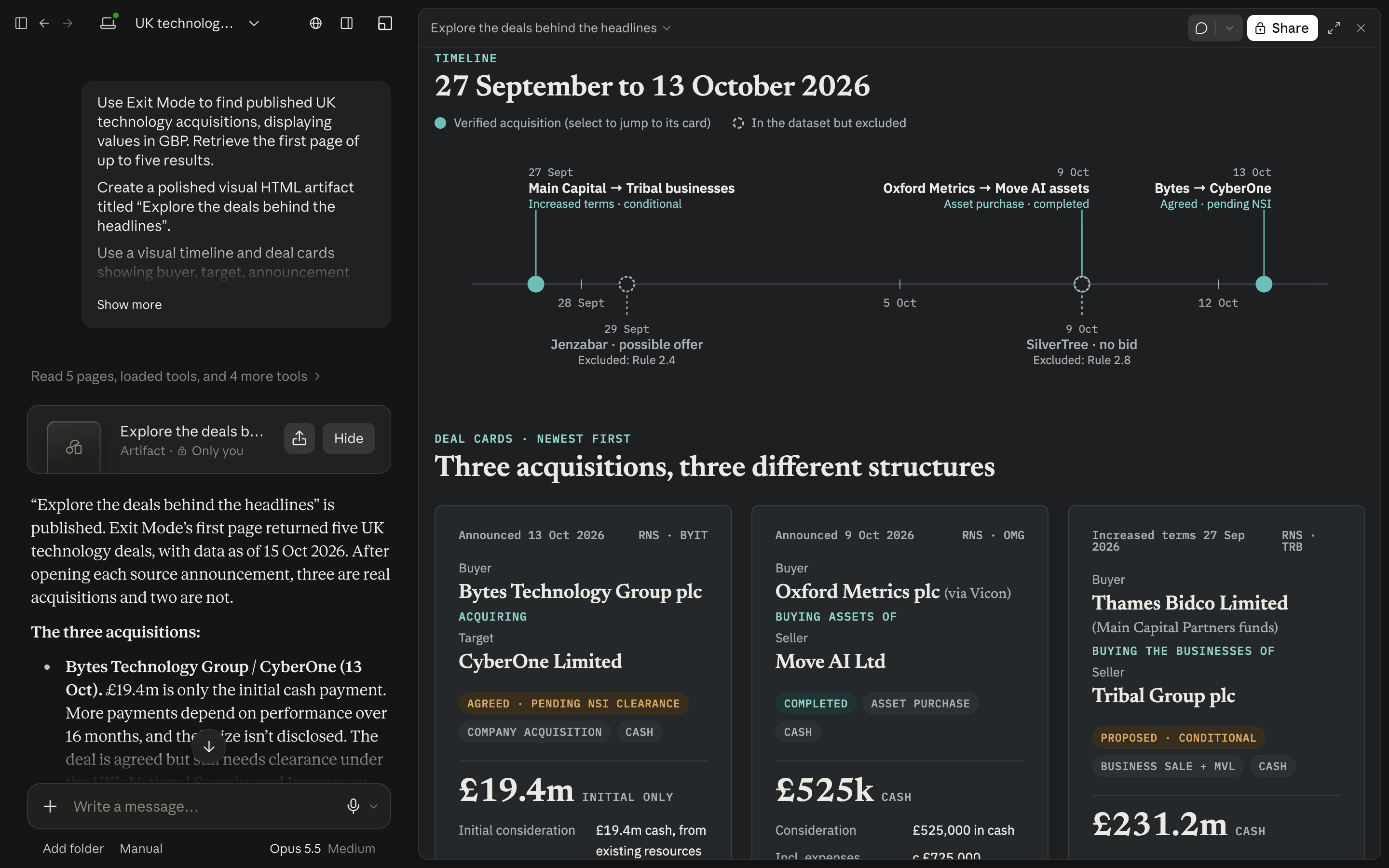 Claude-generated acquisition research timeline and cards distinguishing initial consideration, an asset purchase and conditional transactions