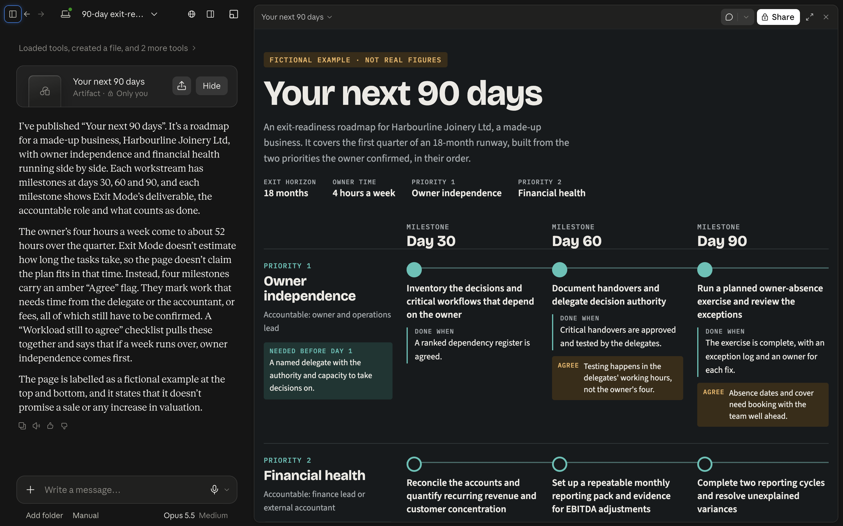 Claude-generated 90-day roadmap showing owner independence and financial health workstreams with day 30, 60 and 90 milestones