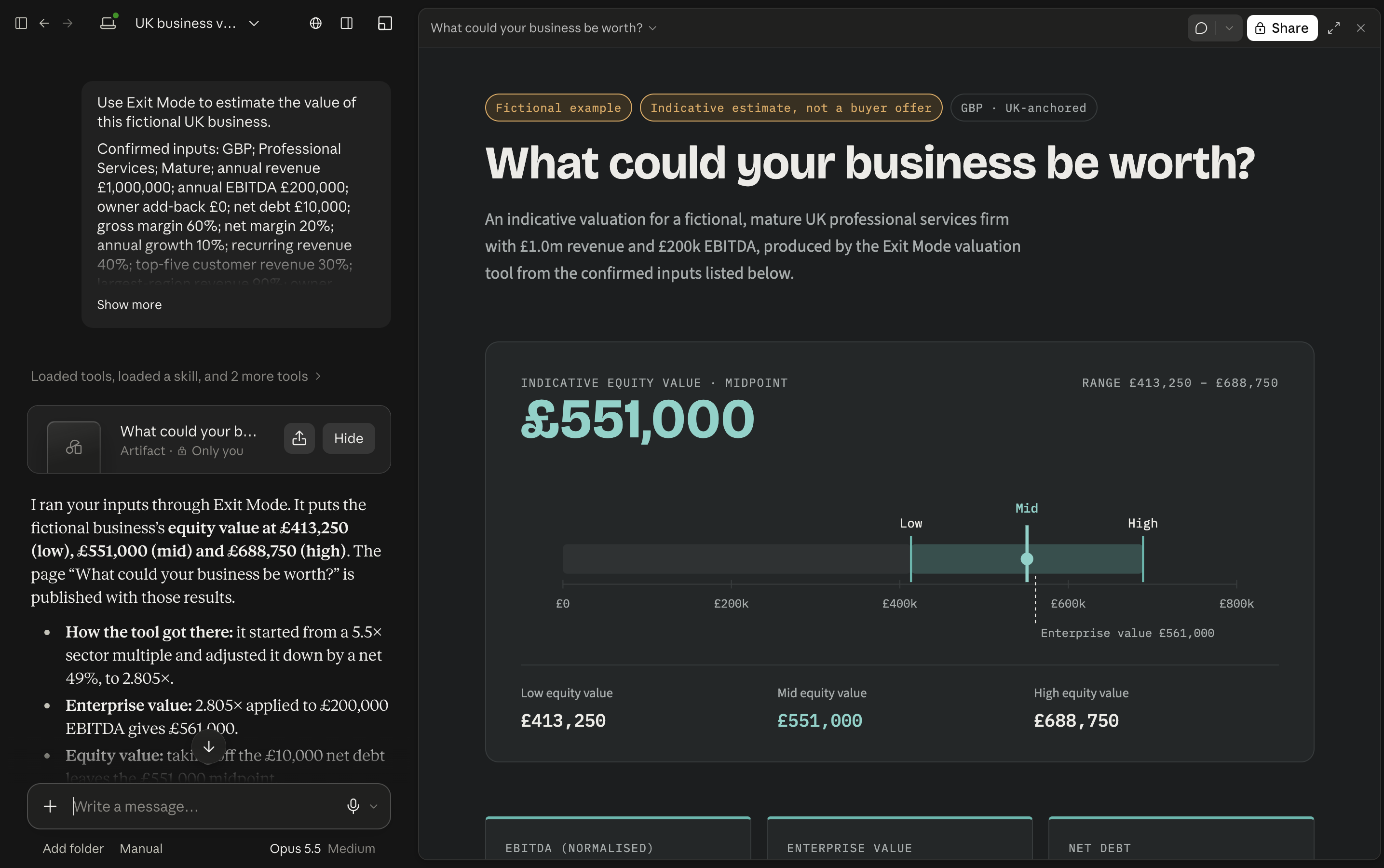 Claude-generated valuation artifact showing a fictional equity midpoint of £551,000 and a range of £413,250 to £688,750